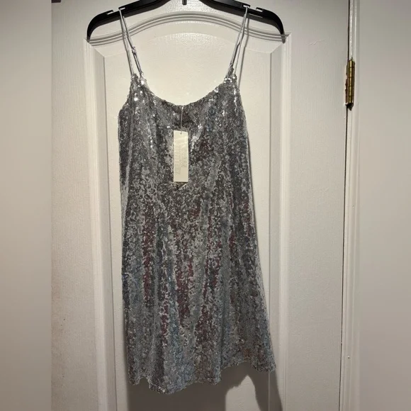 NWT Urban Outfitters Greta Silver Sequin Slip Mini Dress - Picture 3 of 10
